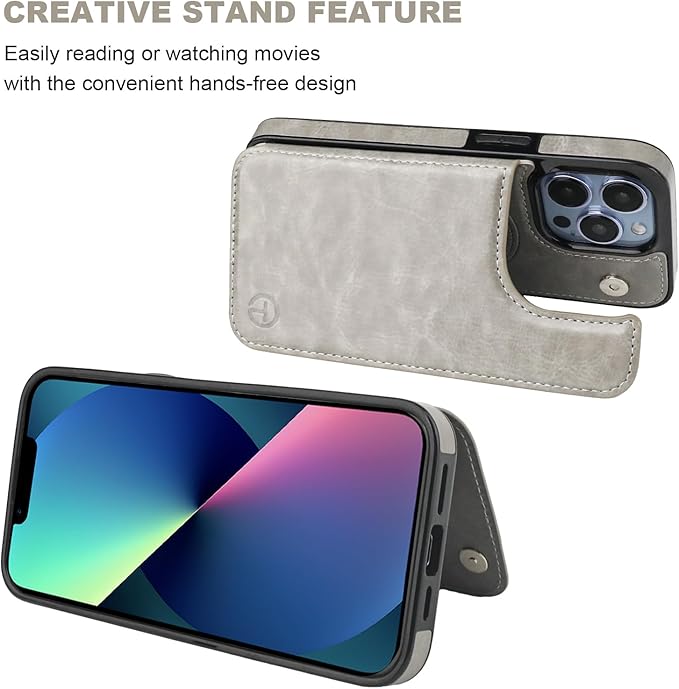 ONETOP Compatible with Magsafe for iPhone 13 Pro Wallet Case with Card Holder, PU Leather Kickstand RFID Blocking Case, Double Magnetic Clasp and Durable Shockproof Cover 6.1 Inch (Grey)