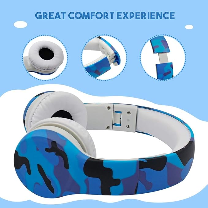 Kids Headphones with Cord, Toddler Headphones with Sharing Function, 85dB/93dB Safe Volume Limit, for Toddler Children Baby Boys Girls On-line Study, School, Travel use (camo Blue)
