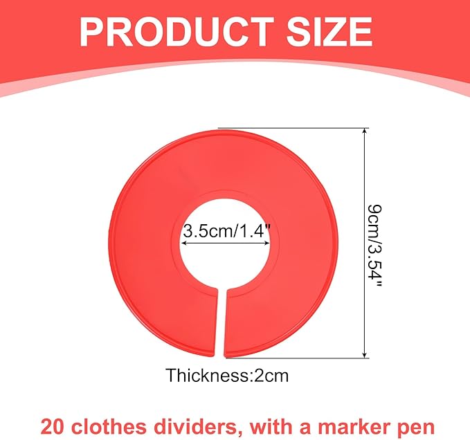 uxcell Clothes Dividers,20 Pack Round Closet Rack Dividers Clothing Rack Size Dividers Blank Labels with Marker Pen Writable & Reusable for Hanging Clothes Sorting Size, Red