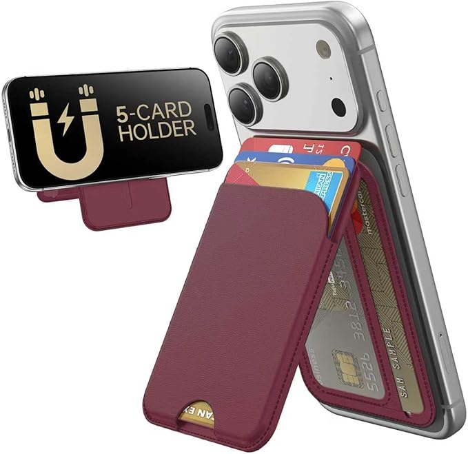 for MagSafe Wallet, 5 Cards Holder with Stand, Magnetic Phone Wallet Stand for iPhone 17/16/15/14/13/12 Pro Max Air Plus Series, RFID Blocking Vegan Leather,Wine Red