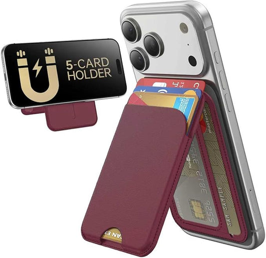 for MagSafe Wallet, 5 Cards Holder with Stand, Magnetic Phone Wallet Stand for iPhone 17/16/15/14/13/12 Pro Max Air Plus Series, RFID Blocking Vegan Leather,Wine Red