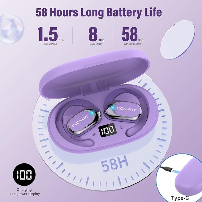 Open Ear Headphones, Wireless Bluetooth 5.4 Earbuds with Big Earhooks, Ultra-Comfort Open Ear Earbuds, 58 Hours HD Stereo Sound Over Ear Earphones, IP7 Waterproof Headset for Workouts, Deep Purple