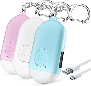Personal Safety Alarm - 3-Pack - Rechargeable - Strobe LED Flashlight - SOS Emergency Loud Siren - Self-Defense Keychain - for Women, Students, Children, Seniors (White, Pink, Blue)