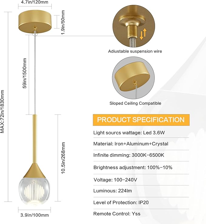 Modern Raindrop Chandelier - Brass Gold Finish Globe Ceiling Hanging Fixture 3 Color Temperature LED Pendant Light with Remote , 4W Teardrop Chandelier for Kitchen Island, Dining Room, Bar (1- light)