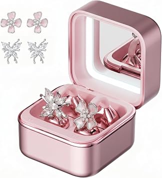 Wireless Earbuds with LED Makeup Mirror Case, Bluetooth 6.0 Open Ear Clip-On Headphones, Cute Pink Air Conduction Earphones for Women, Low Latency, Secure Fit for Running & Travel (Earring Pink)