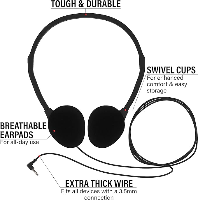 Maeline Bulk Classroom Student Headphones On Ear Stereo Headphones Adjustable Band & Foam Cushions for Kids Online Learning, Library, School, Airplane, Travel - 3.5mm Plug - 1 Pack - Grey