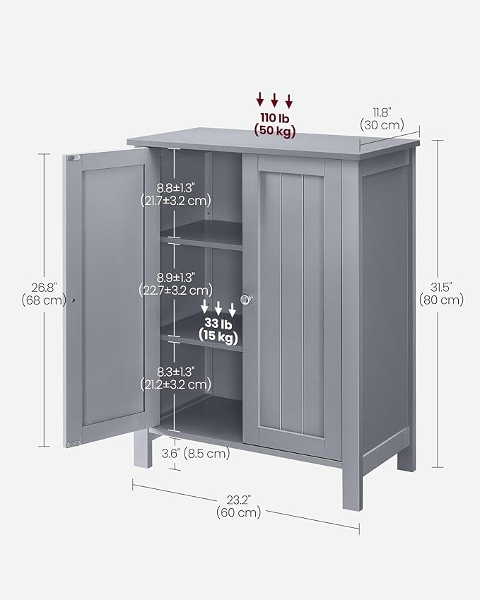 VASAGLE Floor Storage Cabinet, Freestanding Storage Unit with 2 Adjustable Shelves, for Bathroom Living Room Dining Kitchen, 11.8 x 23.6 x 31.5 Inches, Dove Gray UBCB060P36