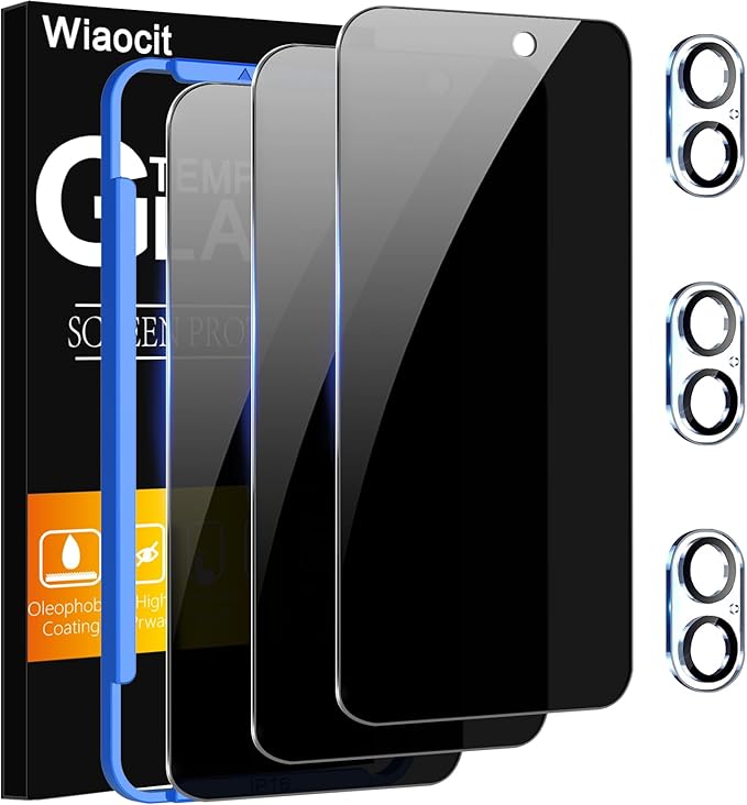 Wiaocit 3 Pack Tempered Glass Privacy Screen Protector for iPhone 16 with 3 Pack Camera Lens Protector, 9H Hardness, Bubble Free, Case Friendly