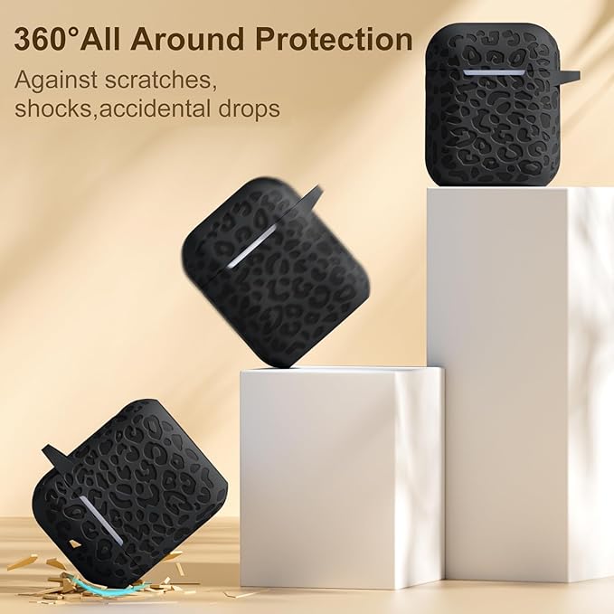 for Airpod Case &2nd Generation Leropard Engraved Skin Cover Compatible with Apple AirPods 2nd/1st Charging,Cute Soft Silicone Full Protective, Front LED Visible, Black