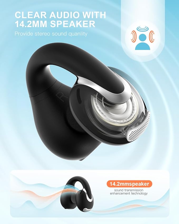 Open Ear Clip Wireless Earbuds Bluetooth 5.4, Lightweight Comfort Sports Bone Conduction Headphones Built-in Mic for Clear Audio, Stable Fit Earphones 24H Play-Black
