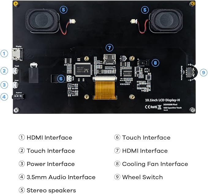 10.1" IPS LCD Capacitive Touch Screen HDMI Display Portable Monitor 1024X600 Built-in Dual Speakers for Raspberry Pi 5/4/3 Xbox PS4 Windows 7/8/10