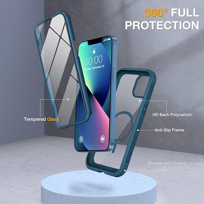 Miracase Glass Series Designed for iPhone 13 Case 6.1 inch, 2023 Upgrade Full-Body Magnetic Clear Bumper Case with Built-in 9H Tempered Glass Screen Protector,Storm Blue