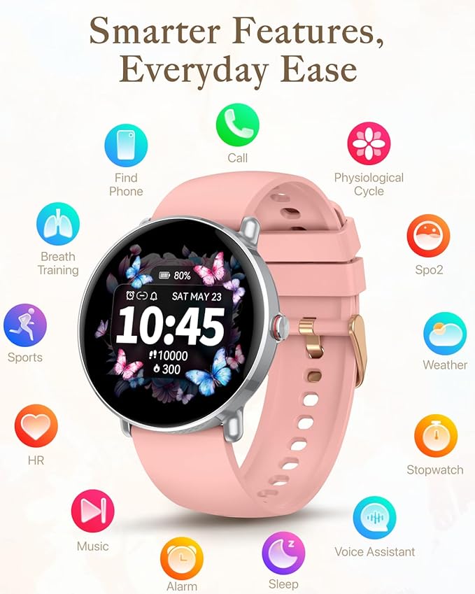Smart Watch for Women Men, for Android iOS with Sleep & Calorie Monitor, Pedometer Fitness Tracker, Bluetooth Call, IP68 Waterproof, 112+ Sport Modes Round Face Smartwatch (Baroque Pink)