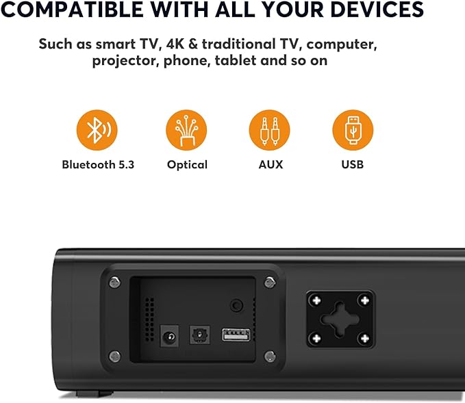 Wohome 2.1 Sound Bars for TV, Built-in Subwoofer, 6 Levels Voice Enhancement, 16 Inches TV Soundbar Speakers with Bluetooth 5.3/Optical/AUX/USB Connection, Wall Mount, 3 EQ Modes, S100