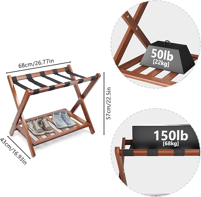Smuxee Fully Assembled Walnut Luggage Racks Pack of 2, Upgraded Bamboo Foldable Suitcase Stand with 5 Nylon Straps, Luggage Holder with Shelf for Guest Room Bedroom Hotel