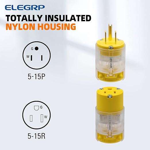 ELEGRP Lighted Straight Blade Electrical Plug and Connector Set 15 Amp 125 Volt NEMA 5-15P NEMA 5-15R 2 Pole 3 Wire Grounding, Commercial Grade, Yellow, 1 Set