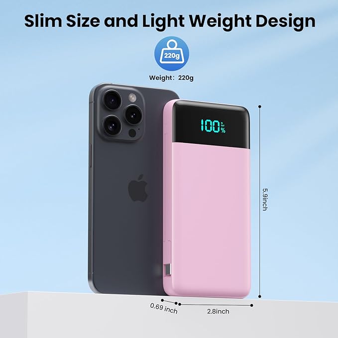 Portable Charger for iPhone with Built in Cables and Wall Plug,Upgraded 13800mAh Fast Charging USB C Power Bank,4 Outputs Travel Essential Battery Pack Compatible with iPhone 17/16/15/14,Samsung-Pink