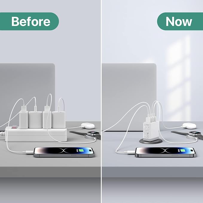[2 Pack] USB Charger, 4 Port USBA Wall Charging Block, Fast Charge QC 3.0 Plug Adapter Compatible with iPhone 12/13/14/15/XS/XS Max/XR/X, LG, Google Pixel and More