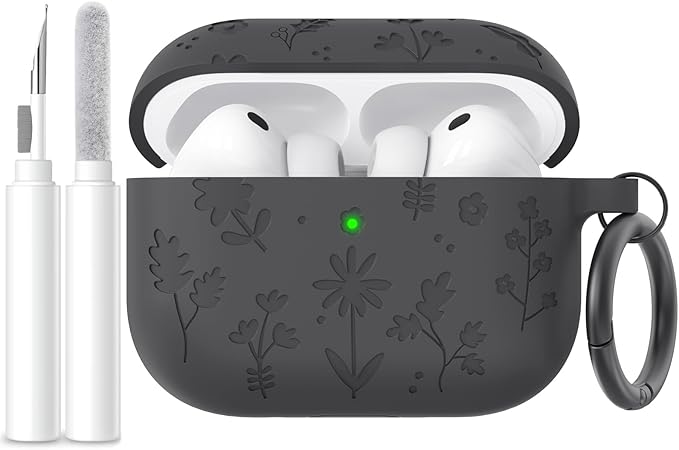 AhaStyle AirPods Pro 3 Case Cover (2025) Flower Engraved Cute Silicone AirPods Pro 3rd Generation Case Full Body Shockproof Cover Skin for Apple AirPods Pro 3rd Gen with Cleaning Kit for Women Girls