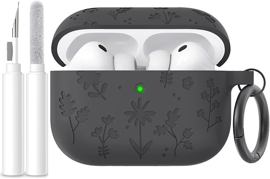 AhaStyle AirPods Pro 3 Case Cover (2025) Flower Engraved Cute Silicone AirPods Pro 3rd Generation Case Full Body Shockproof Cover Skin for Apple AirPods Pro 3rd Gen with Cleaning Kit for Women Girls