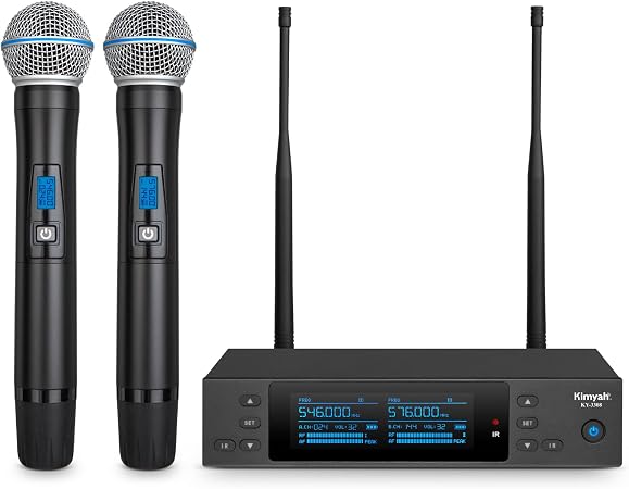 Kimyah Wireless Microphones System, 2x100 Channels Metal Cordless Handheld Microfonos, 328FT UHF Range, Mics with Stable Signal Transmission for Professional Stage, DJ and Party Karaoke(KY-3308)