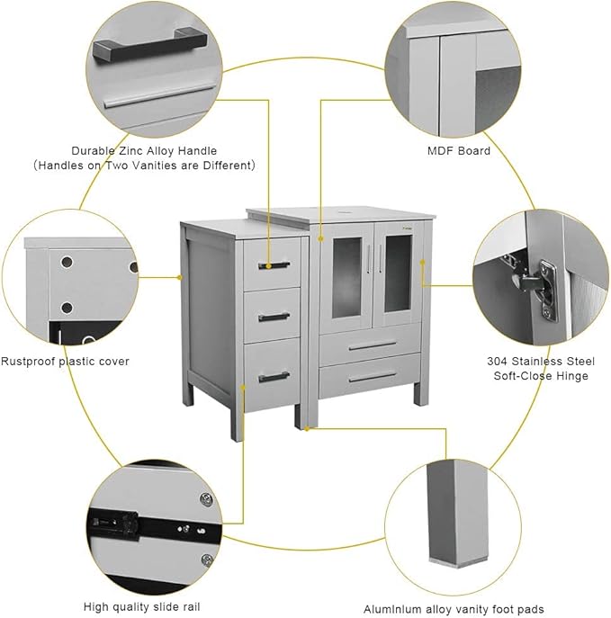 eclife 48" Modern Bathroom Vanity Sink Combo Freestanding Cabinet with Small Side Cabinet, White Rectangle Ceramic Vessel Sink, Water Save Faucet, Drain (Gray+T03)