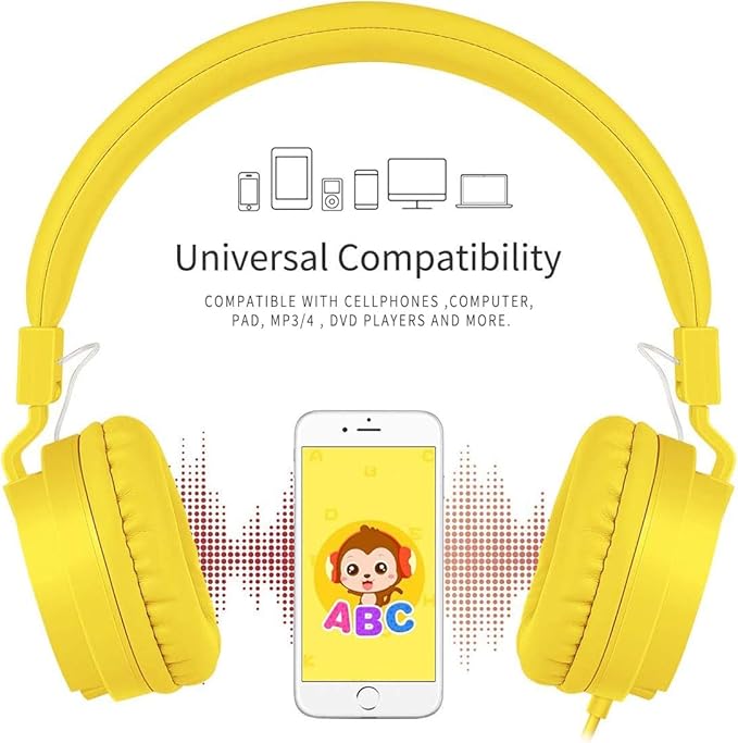 gorsun Kids Headphones, Lightweight Stereo Wired Toddler Headphones, Adjustable Headband Children's Headset for Smartphones Computer Pad Earphones(Yellow)