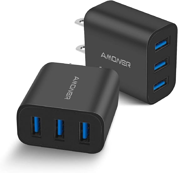 Amoner Wall Charger, Upgraded 2Pack 15W 3-Port USB Plug Cube Portable Wall Charger Plug for iPhone 13/12/mini/Pro/Max/11/Pro/Xs/XR/X/8/7/Plus, Galaxy10/9, Note10/9, and More