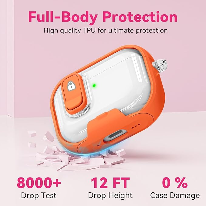 for Airpods Pro 3 Case 2025, Anti-Yellowing Clear Case for Airpods Pro 3 with Secure Lock & Phone Stand, Soft TPU Drop Protection Cover with Cleaning Kit (Orange)