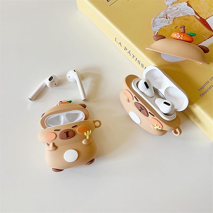 Case Compatible with Airpods 3, 3D Cute Kawaii Orange Capybara Design Keychain Case Cover, Portable Earbuds Accessories Soft Silicone Shockproof Wireless Earphone Protector with Hook