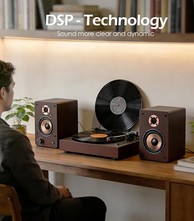 LONPOO 100W HiFi Active Bookshelf Speakers with Bluetooth, 4'' Aluminum Woofer, 12MM Wooden Cabinet, DSP-Tech, Optical/RCA/USB/AUX for TV PC Turntable (LP-42M)