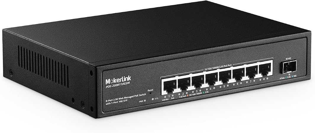 MokerLink 9-Port 2.5 Gigabit PoE Web-Managed Switch with 1 x 10G SFP Port, 8 x PoE IEEE802.3af/at, 120W, Managed Fanless Wall-Mountable Network Switch