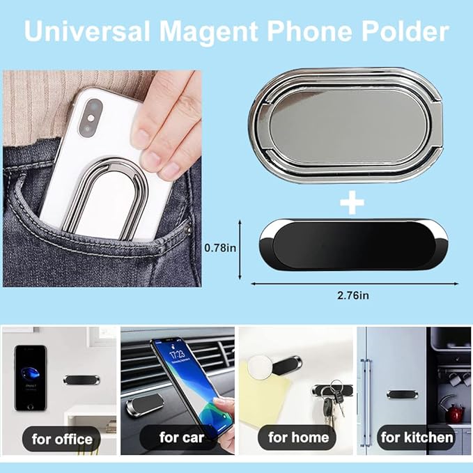 Phone Ring Holder Finger Kickstand, Foldable 360° Rotation Cellphone Grip for Desk, Office Desktop, Cell Phone Stand Compatible with iPhone Smartphones Tablets (with Magnetic Car Mount)