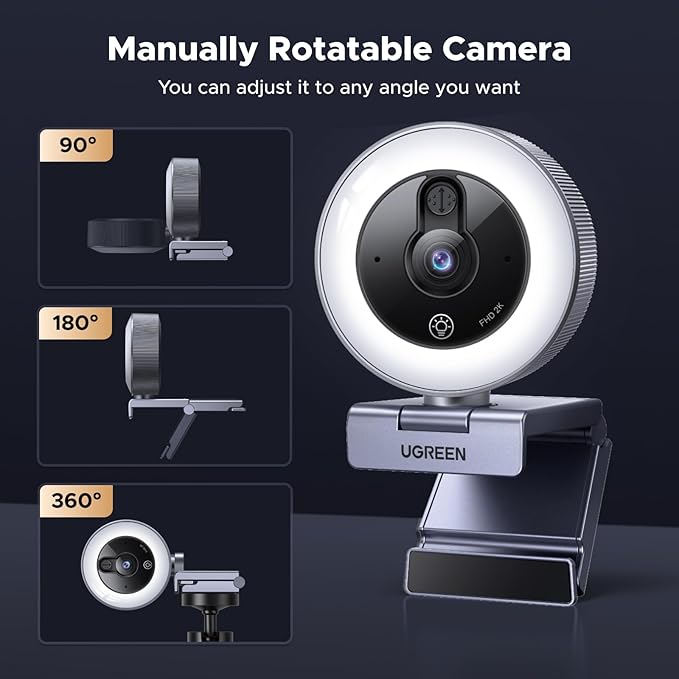 2K Webcam with 4-Level Ring Light and Noise Canceling Microphone for Video Calls Streaming and Remote Work