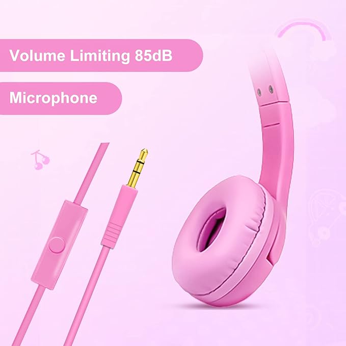 Olyre Girls Headphones with LED Light Up Cat Ears and Sharing Port 85db Volume Limited Kids Headphones,On-Ear LED Children Earphones for School Learning Travel - All Pink