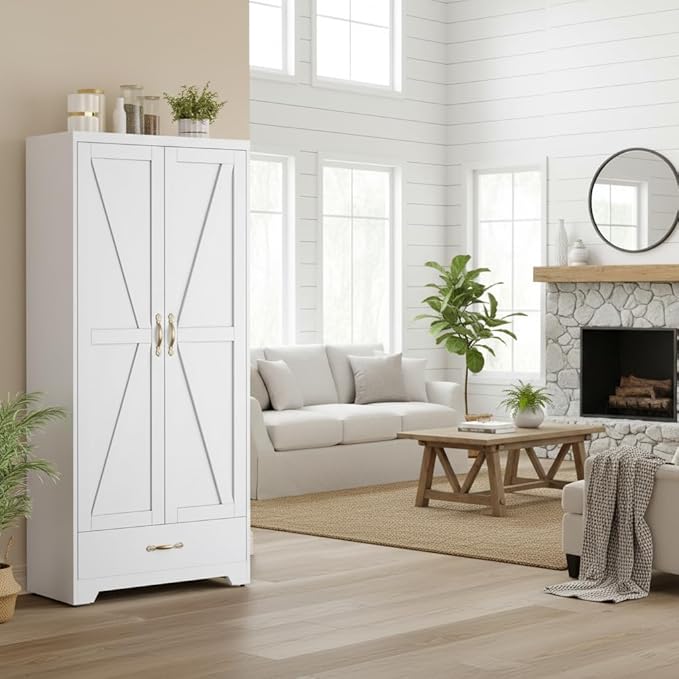 YITAHOME Kitchen Pantry Cabinet, 62" Metal Storage Cabinets with Adjustable Shelves, Farmhouse Organizer Cabinet with Barn Doors, Freestanding Cupboard with Drawer for Dining Living Room, White