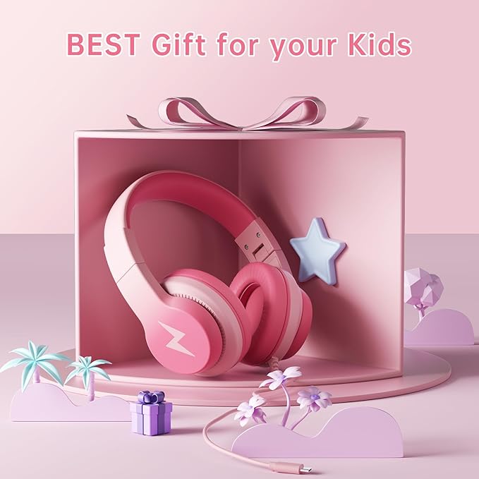 Wired Kids Headphones, USB Type C Headphones for Kids, 85dB Safe Volume, HD Stereo Sound, Comfortable Fit, Adjustable & Foldable,Ideal for School/Travel (Gradient Pink, Without Microphone