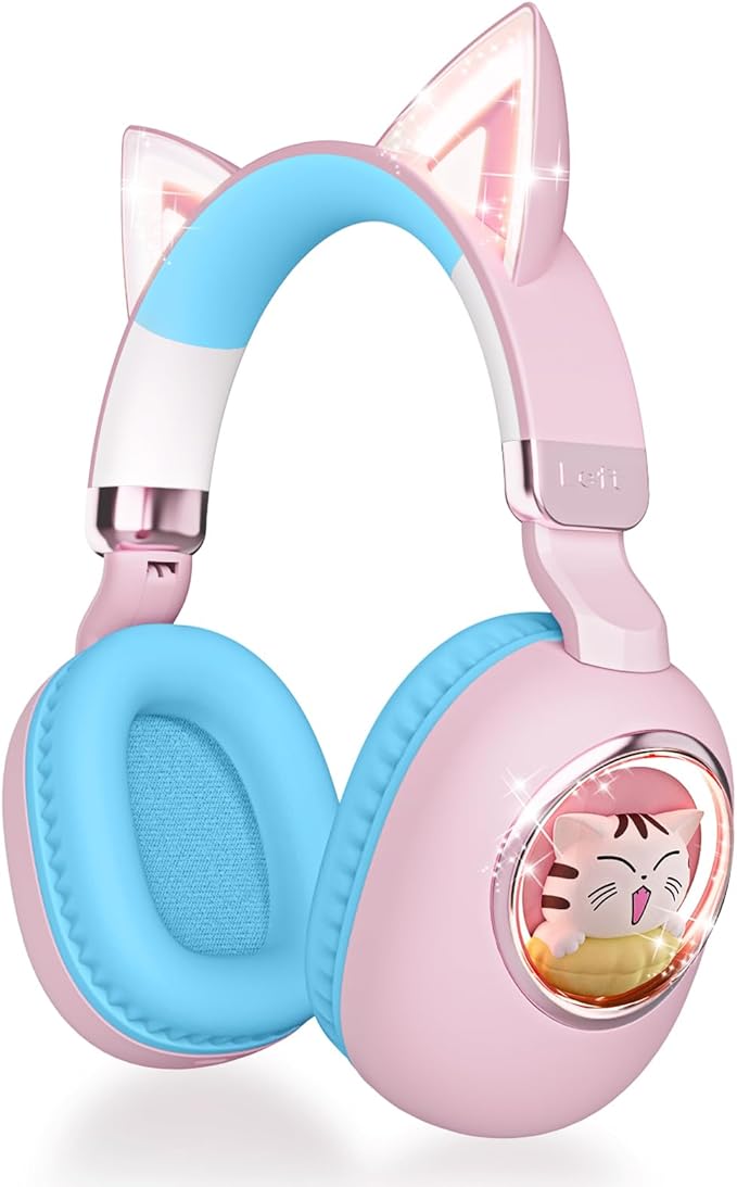 esonstyle Kids Headphones Cat Ear - Bluetooth 5.4 Over-Ear Noise Cancelling Headphones with Microphone LED Lights Up 85dB Safe Volume Limit Wireless or 3.5mm Wired USB C(Pink Blue)