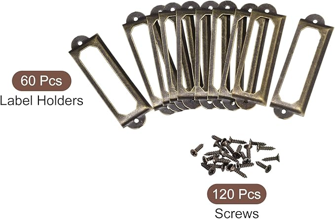 uxcell Metal Label Holders, 60x17mm 60pcs File Name Card Tag Label Holder Frame for Office Library Drawer Cabinet Shelves, Bronze Tone