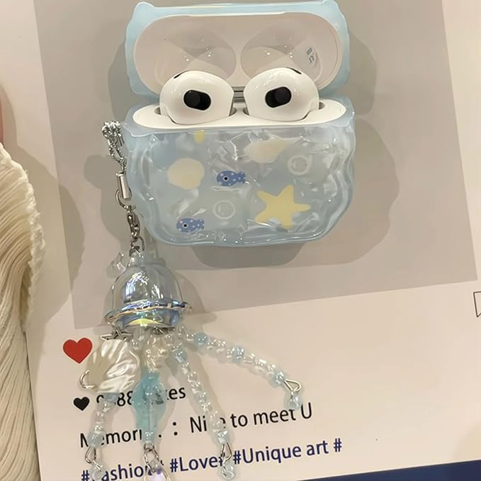 Compatible with AirPods Pro Case Protective Cute Shell Starfish Cover with Cleaner Kit Jellyfish Keychain for Girls Women for Airpods Pro 2nd/1st Generation-Blue