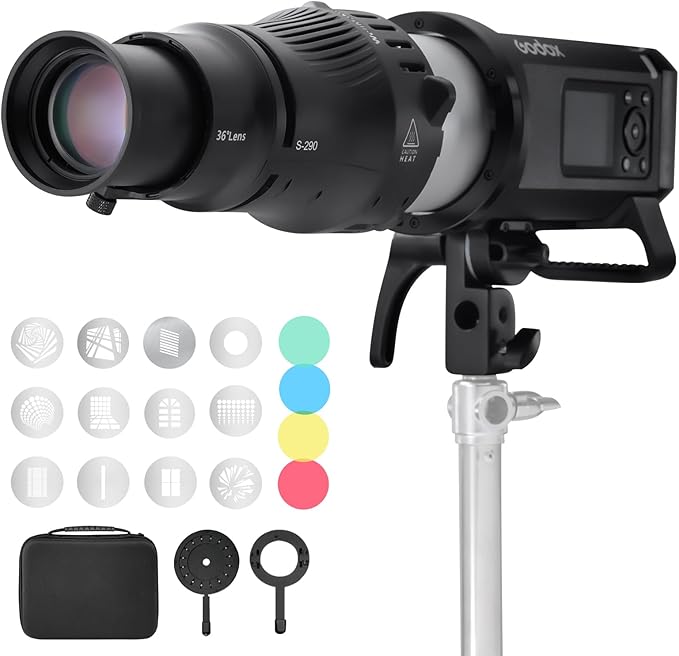 WELLMAKING Bowens Mount Optical Snoot Conical S-290 Kit. Adjustable Focus, 36° Lens, Aperture Modifier, 4 Color Filters, and 12 Gobos; for Photography, LED and Strobe Light, Studio Video Artist