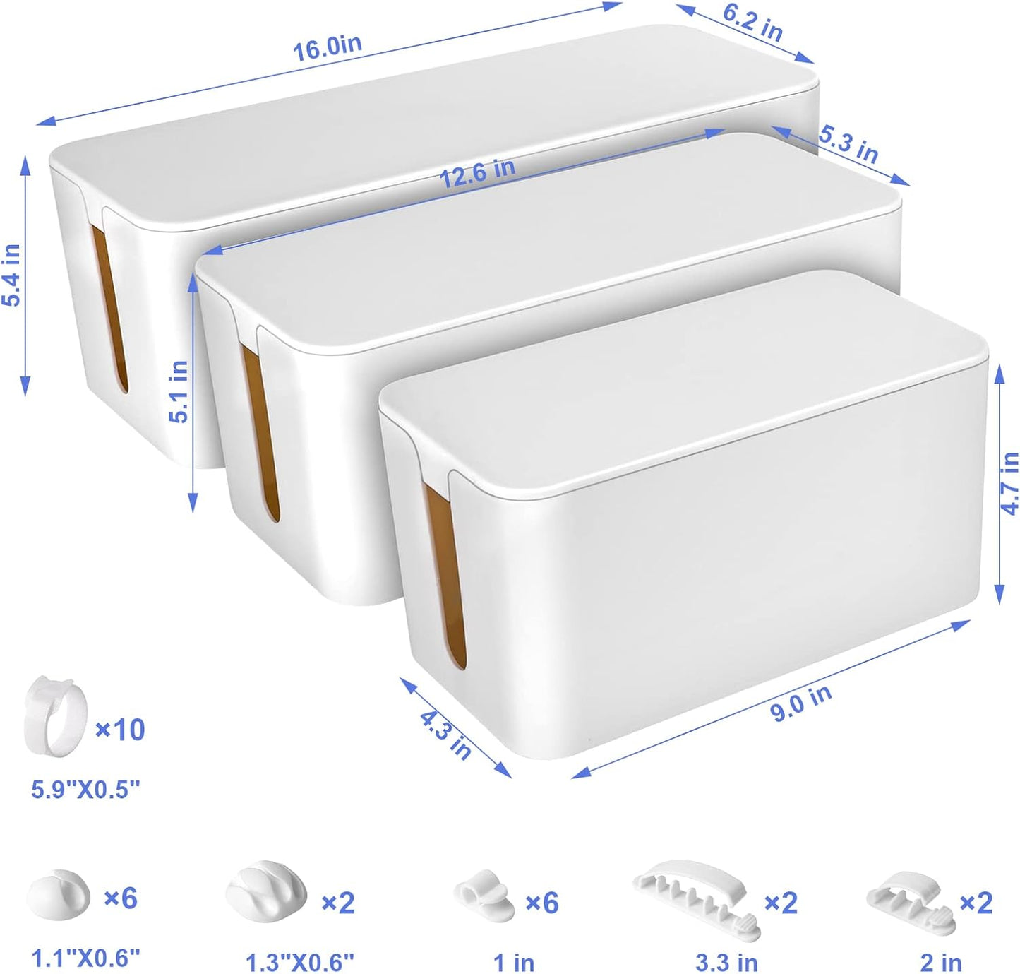 Cable Management Box Set of 3 — Power Strip Organizer with Cable Clips, White