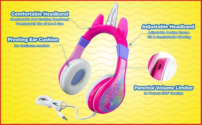 Unicorn Kids Headphones, Adjustable Headband, Stereo Sound, 3.5Mm Jack, Wired Headphones for Kids, Tangle-Free, Volume Control, Foldable, Childrens Earphones for School, Home, Travel