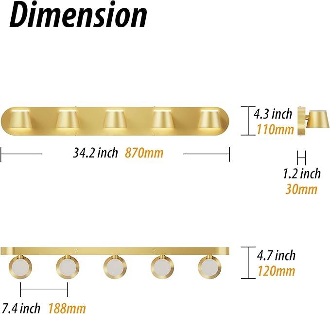URSOLA Bathroom Lighting Fixtures Over Mirror, 5 Light Bathroom Vanity Light, LED Gold Wall Light Fixtures Up and Down Rotatable Dimmable 34 inch