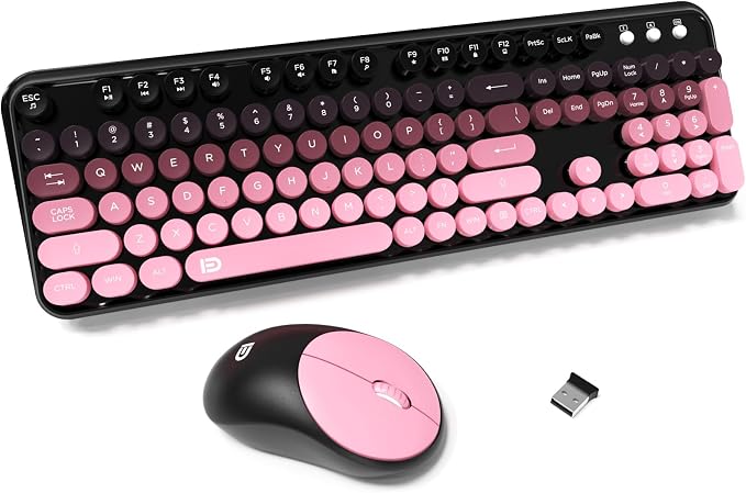 Wireless Keyboard and Mouse Combo, Cute Colorful Keyboard and Mouse, Full-Size Retro Typewriter Keyboard with 2.4GHz Plug & Play, for Windows 11/10/7, Laptop, PC -BlackBerry