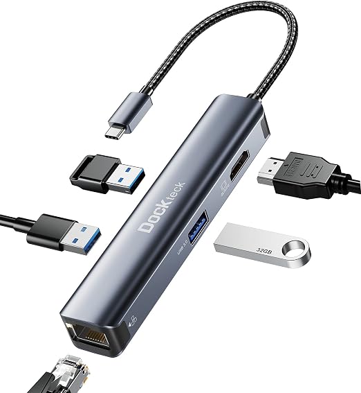 USB C Hub Ethernet, Dockteck 5-in-1 USB C to 4K HDMI Multiport Adapter