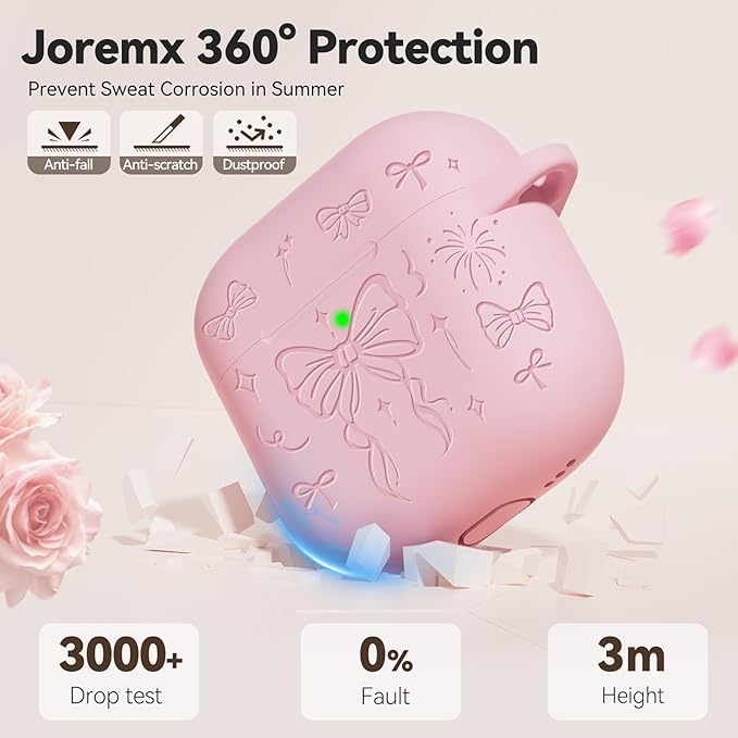for Airpods 4 Case Cover, Joremx Cute Bow Engraved Silicone Protective Case Cover with Keychain, Cleaner Kit for AirPods 4th Generation Case 2024 (Sakura Pink)