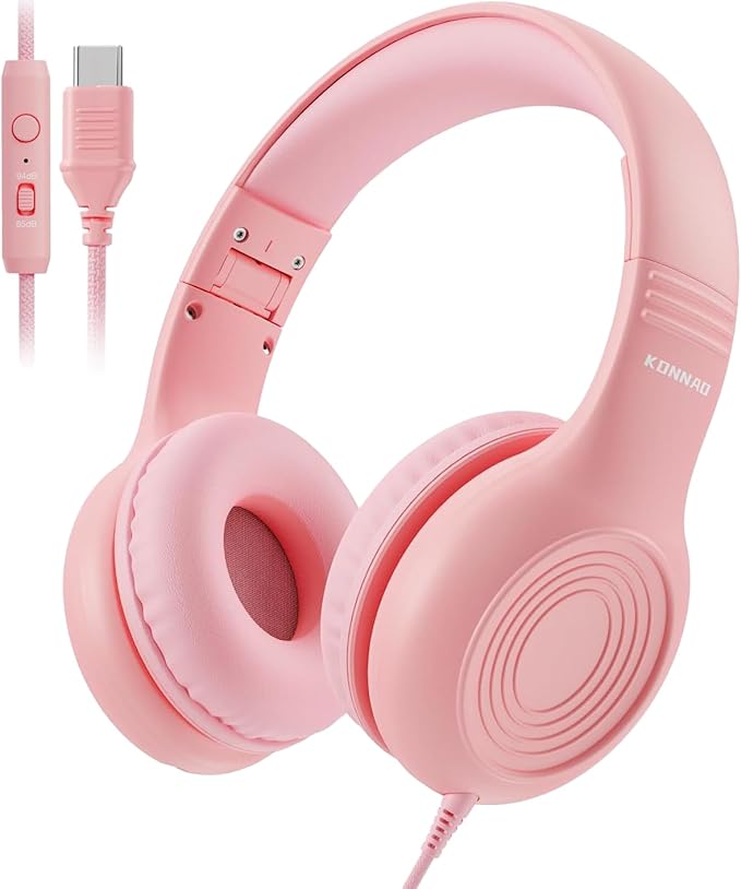 Upgrade USB Type C Kids Headphones, Wired Headphones for Kids with Microphone for Boys Girls, Adjustable 85dB/94dB Volume Limited (Pink)