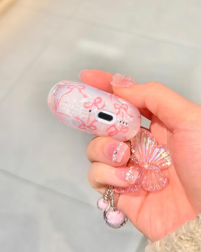 Compatible with AirPods 4 Case Cute, Shell Pattern Shockproof Protective Cover for Girls Women with Butterfly Keychain Designed for AirPod 4th Generation, Pink Bow