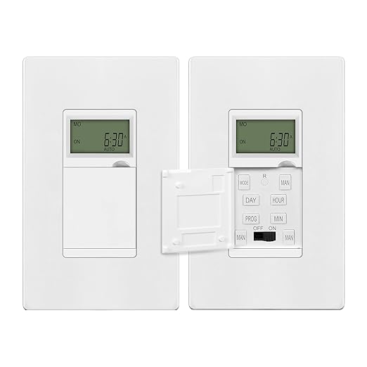 ENERLITES Programmable Digital Timer Switch for Lights, Fans, Motors, 7-Day 18 ON/OFF Timer Settings, Single Pole, Neutral Wire Required, UL Listed, HET01-C, White, 2 Pack